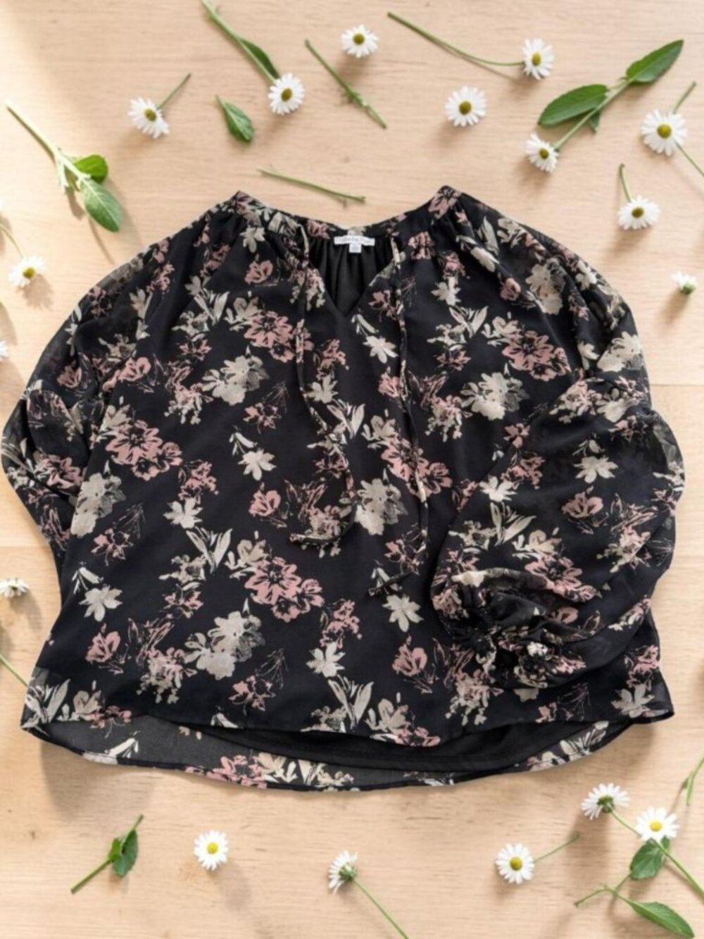 Ophelia‎ Roe Womens Floral Sheer Blouse Size XL Black Pink Boho Keyhole Tie Top